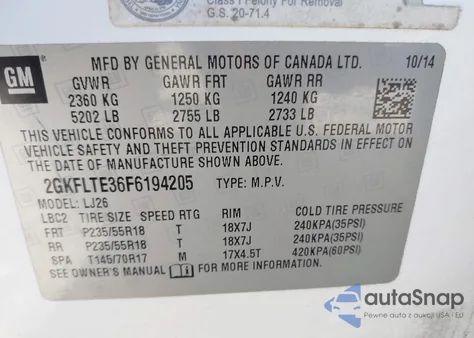 2015 GMC Terrain Slt-2 z USA, uszkodzony, nr VIN 2GKFLTE36F6194205